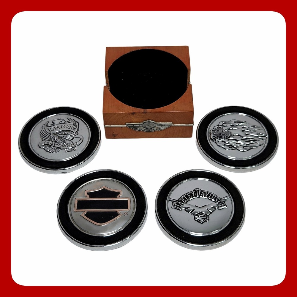 Harley-Davidson 100th Anniversary Coaster Set 4 Chrome Rubber Wood Holder 2003